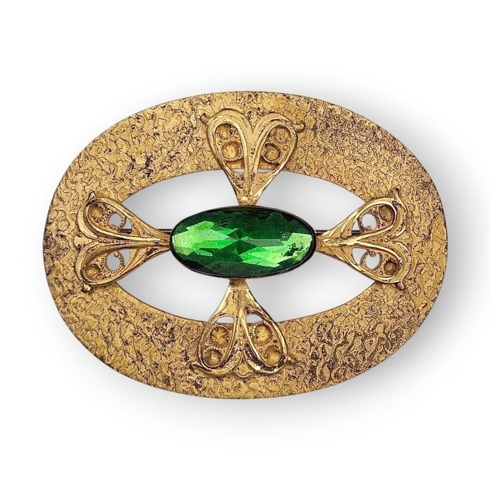 Antique Art Nouveau Heart Sash Pin Brooch Green Paste Stone Matte Gold Gilt Oval